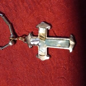 16 inch necklace, stainless steel cross with Abalone inlay Mother Of pearl beads